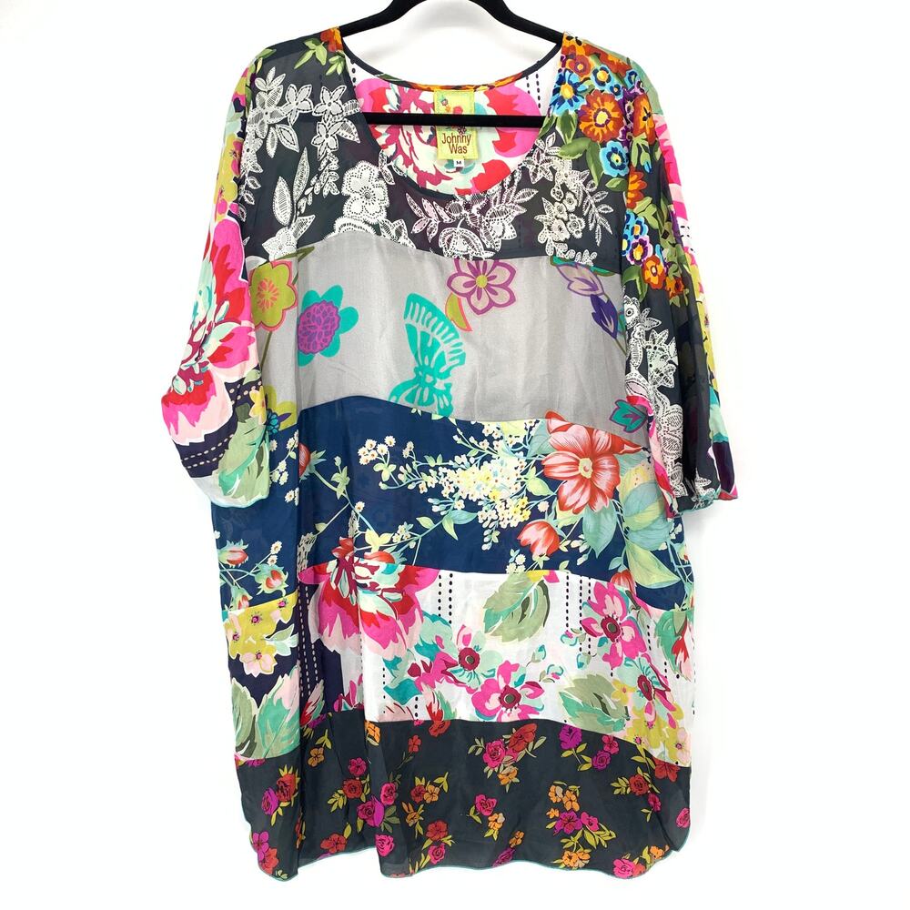 Johnny Was Silk Tunic Womens Sz M Floral Patchwork Print 100% Silk Boho Blouse